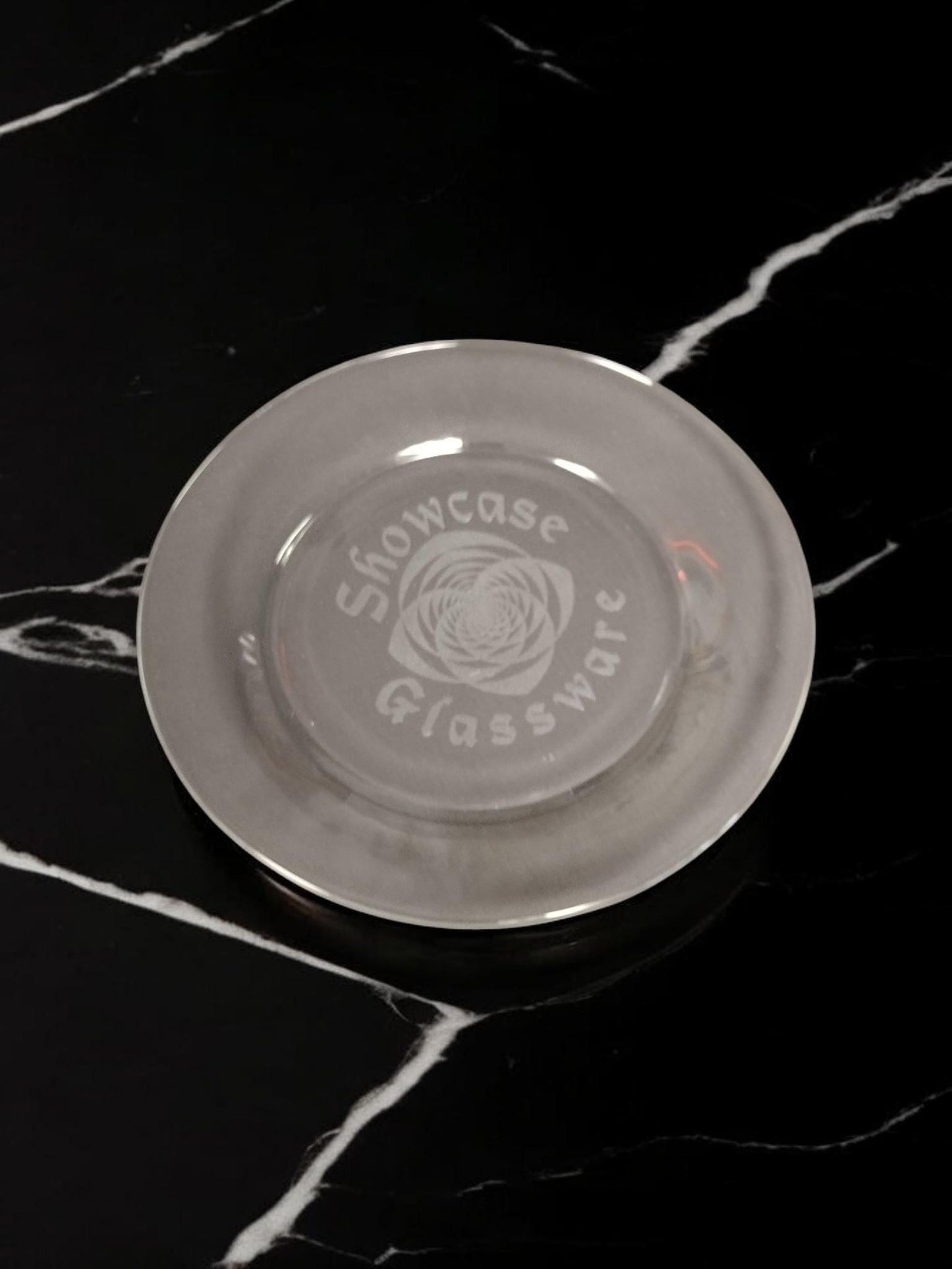 Set of 8 Glass Plates - 10.5" diameter - Clear with laser etching of your event or logo.