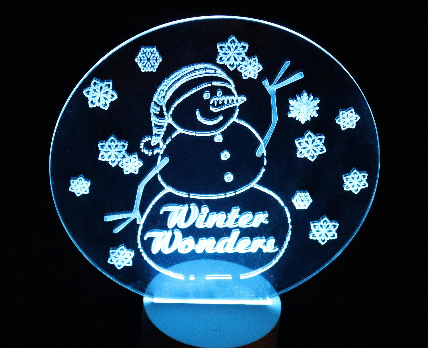 Glowing Winter Snowman- 10" tall - 8" wide - Multi-color, Multi pattern LED light base with remote control