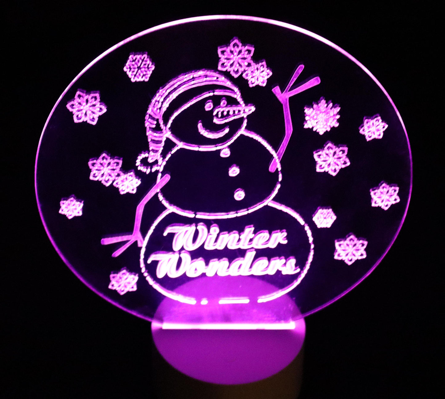 Glowing Winter Snowman- 10" tall - 8" wide - Multi-color, Multi pattern LED light base with remote control