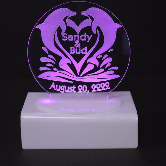Personalized Cake Topper - Glowing LED - Engraved Acrylic - Dancing Dolphins Design