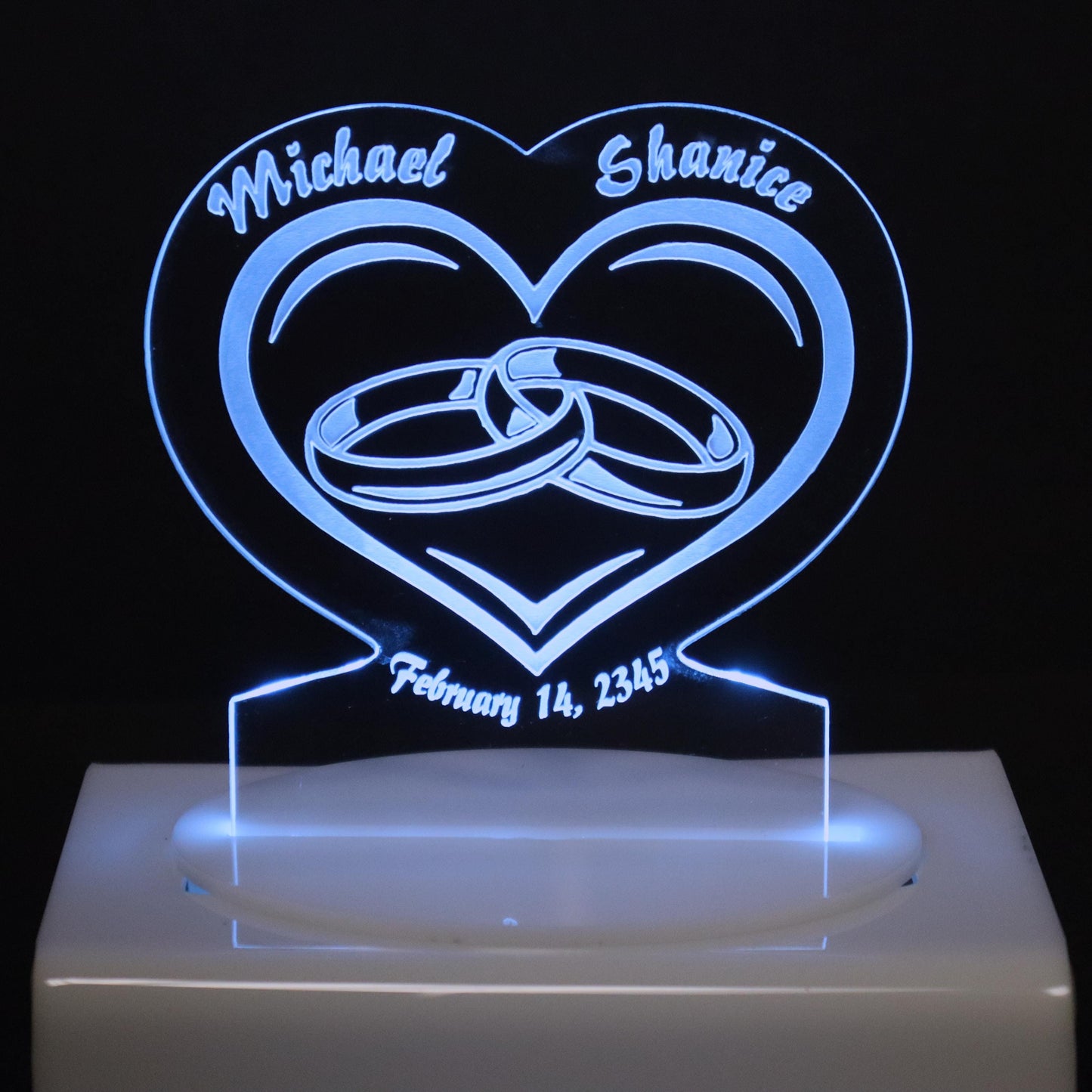 Personalized Cake Topper - Glowing LED - Engraved Acrylic - Wedding Rings Design