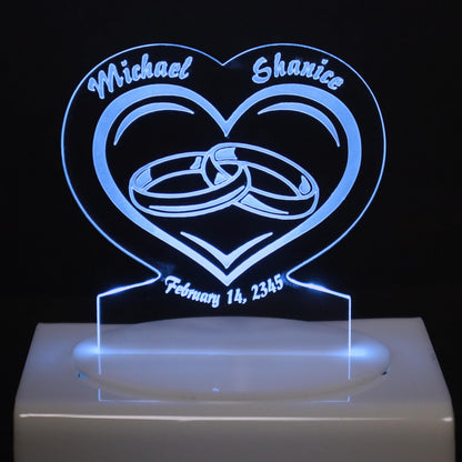 Personalized Cake Topper - Glowing LED - Engraved Acrylic - Wedding Rings Design