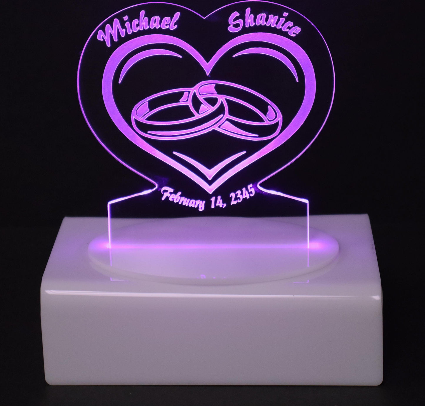 Personalized Cake Topper - Glowing LED - Engraved Acrylic - Wedding Rings Design