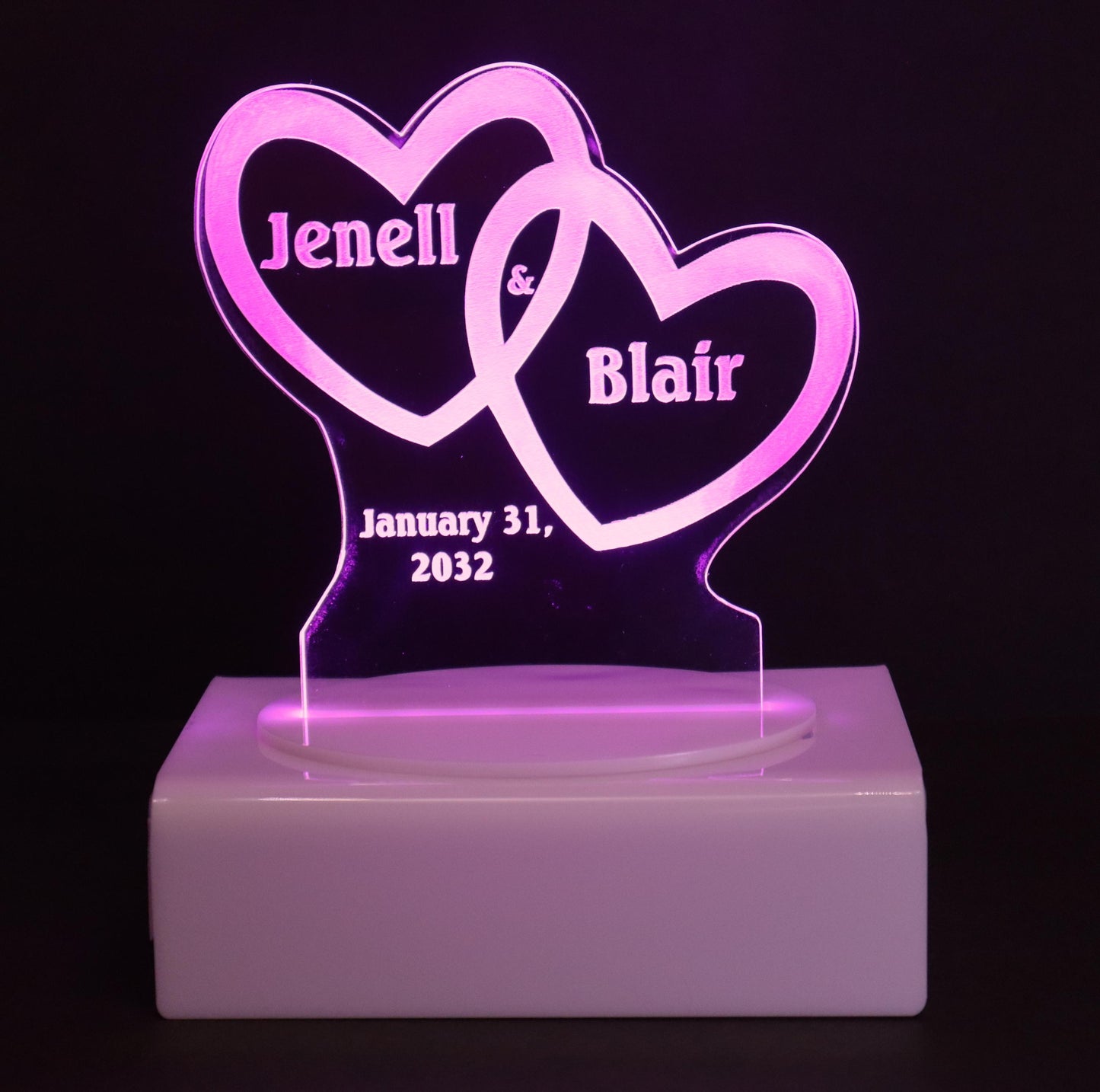 Personalized Cake Topper - Glowing LED - Engraved Acrylic - Dual Heart Design