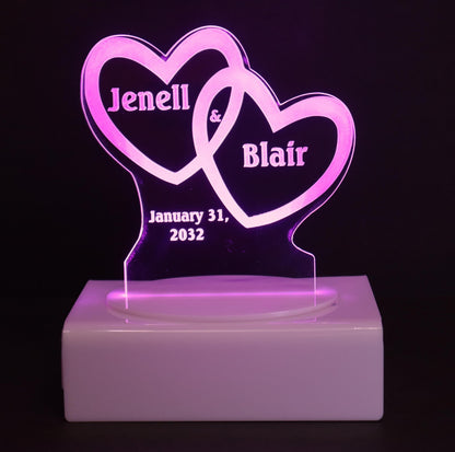 Personalized Cake Topper - Glowing LED - Engraved Acrylic - Dual Heart Design
