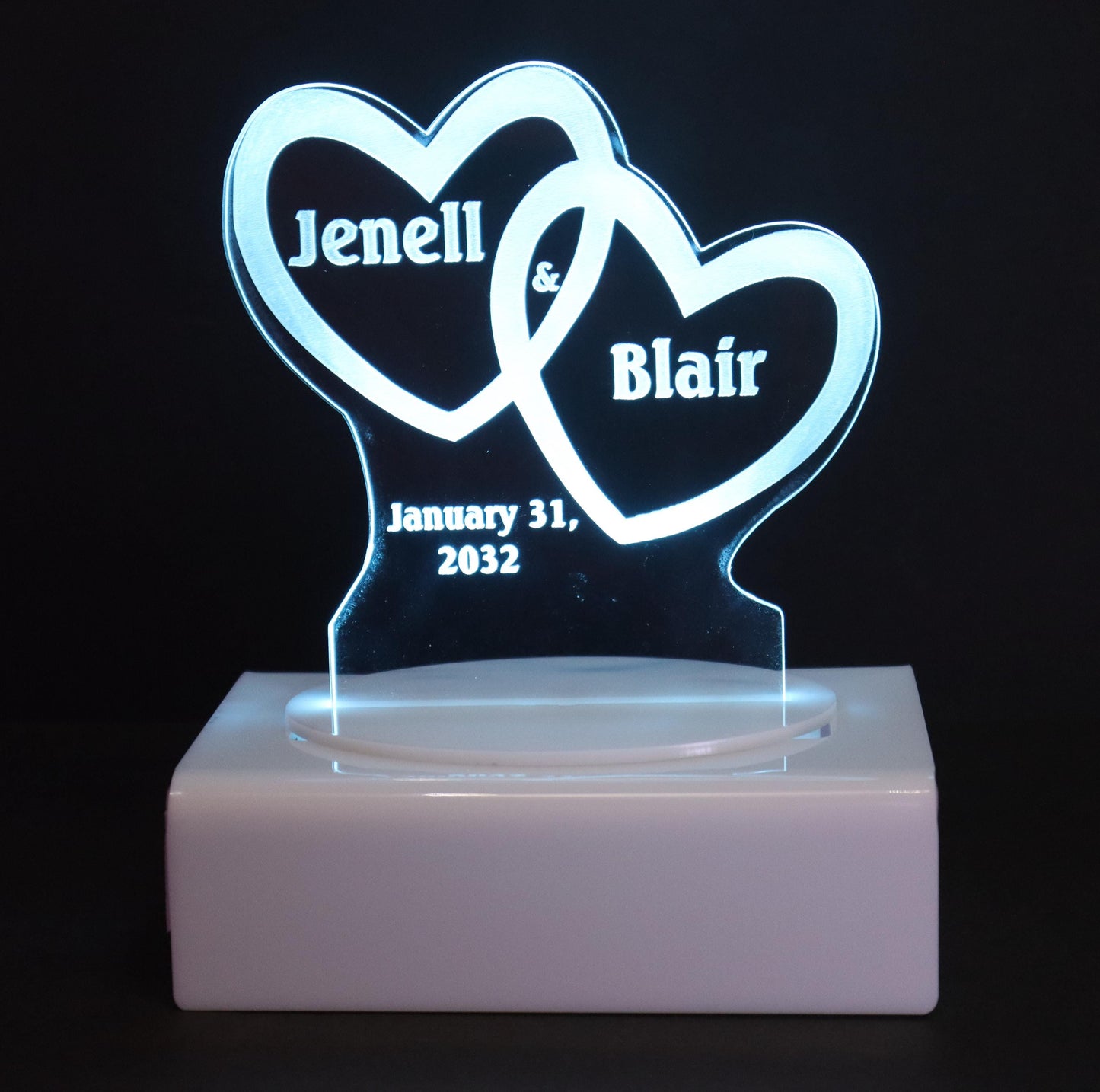 Personalized Cake Topper - Glowing LED - Engraved Acrylic - Dual Heart Design