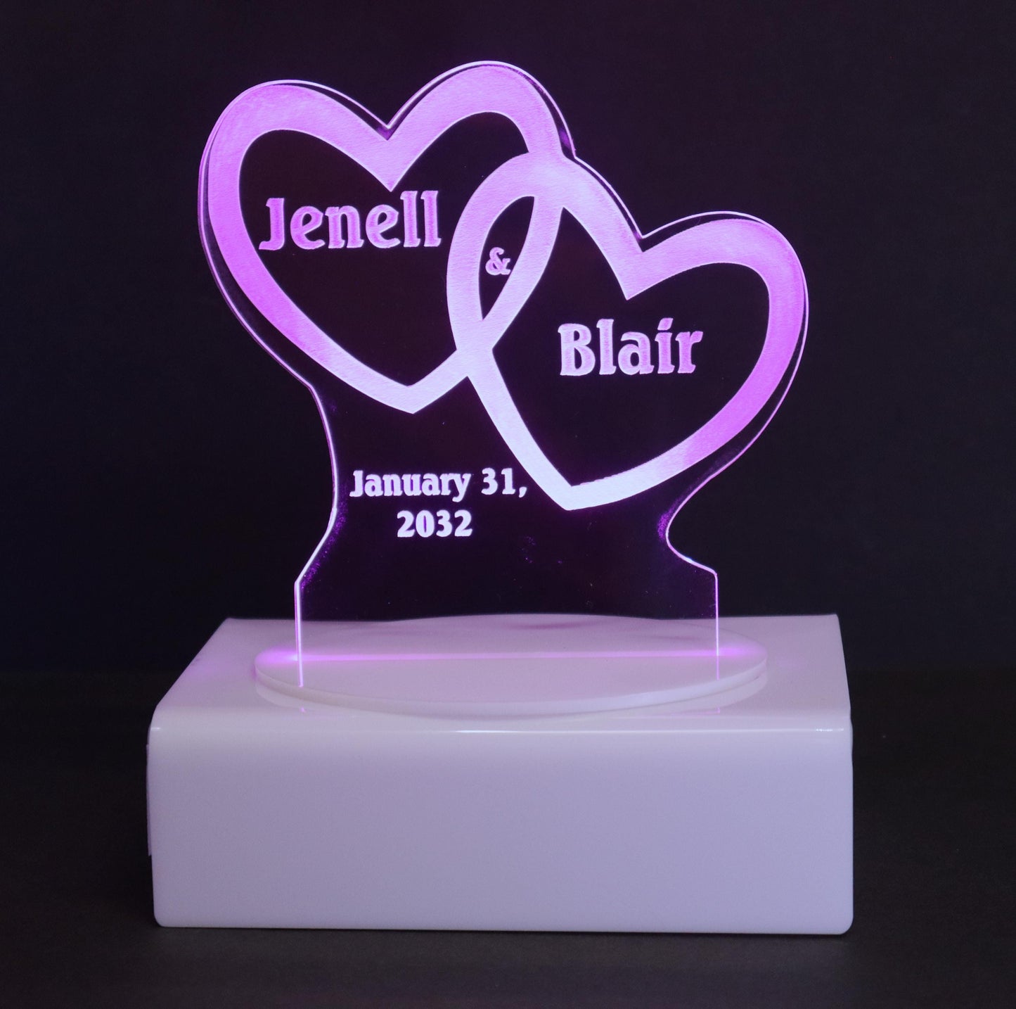 Personalized Cake Topper - Glowing LED - Engraved Acrylic - Dual Heart Design
