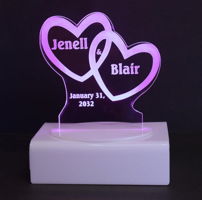 Personalized Cake Topper - Glowing LED - Engraved Acrylic - Dual Heart Design