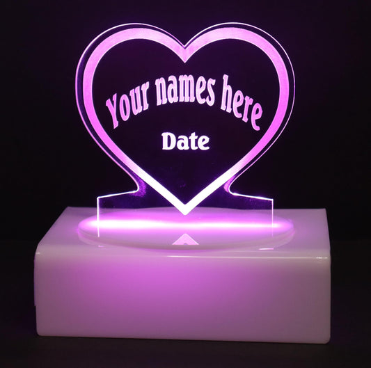 Personalized Cake Topper - Glowing LED - Engraved Acrylic - Heart Design