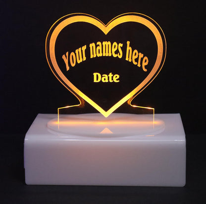Personalized Cake Topper - Glowing LED - Engraved Acrylic - Heart Design