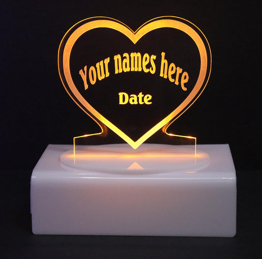 Personalized Cake Topper - Glowing LED - Engraved Acrylic - Heart Design