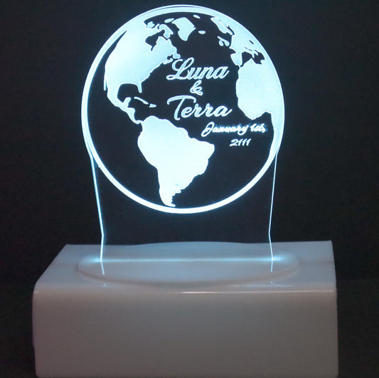 Personalized Cake Topper - Glowing LED - Engraved Acrylic - Globe Design