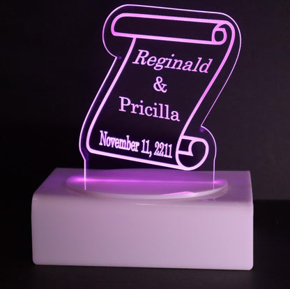 Personalized Cake Topper - Glowing LED - Engraved Acrylic - Scroll Design