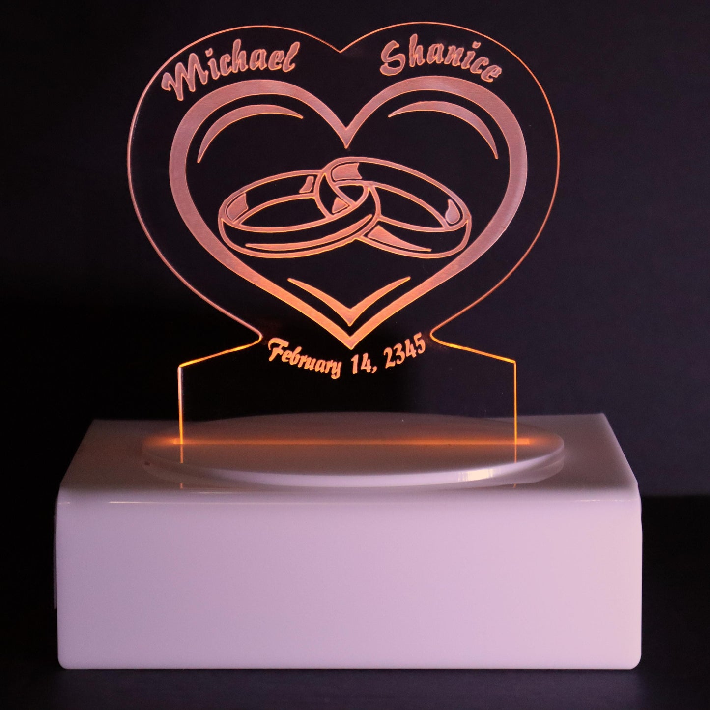 Personalized Cake Topper - Glowing LED - Engraved Acrylic - Wedding Rings Design