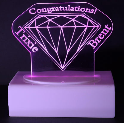 Personalized Cake Topper - Glowing LED - Engraved Acrylic - Diamond Design