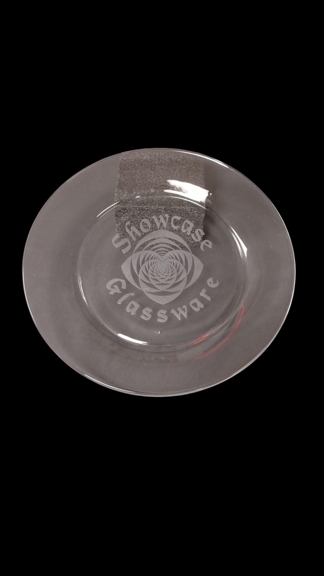 Set of 6 Glass Plates - 10.5" diameter - Clear with laser etching of your event or logo.