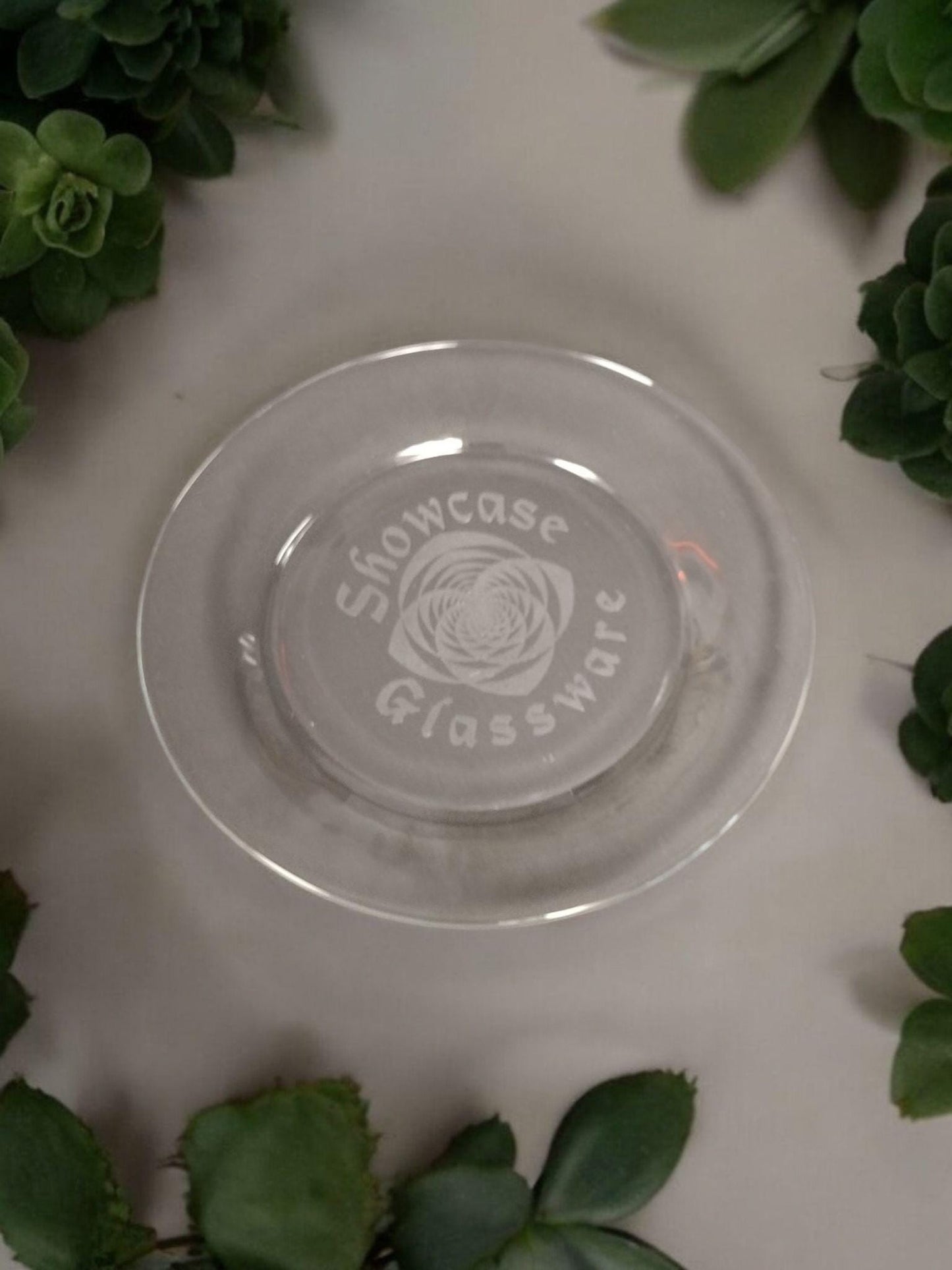 Set of 4 Glass Plates - 10.5" diameter - Clear with laser etching of your event or logo.